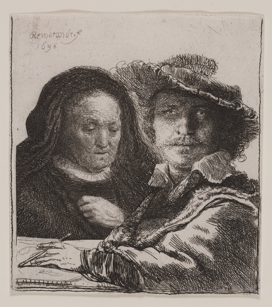 Selvportrett med kunstnerens mor av Rembrandt van Rijn