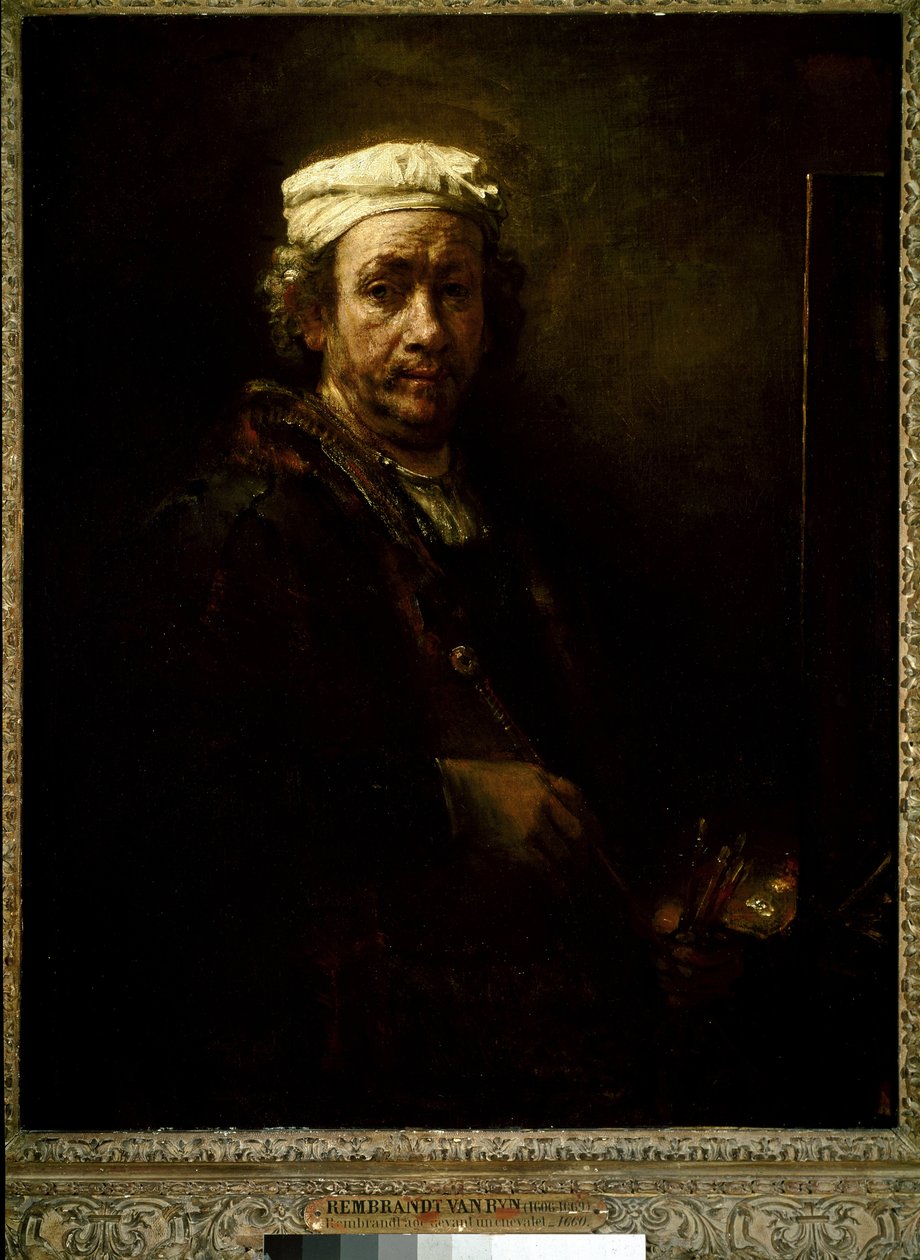 Selvportrett ved staffeli. (olje på lerret av Rembrandt van Rijn