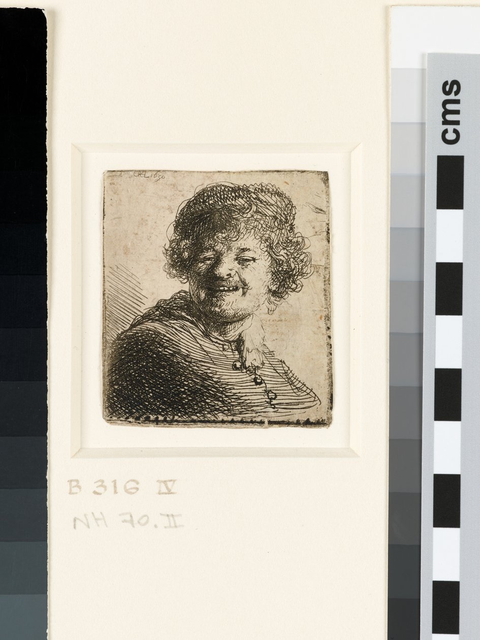 Selvportrett i caps: ler av Rembrandt van Rijn