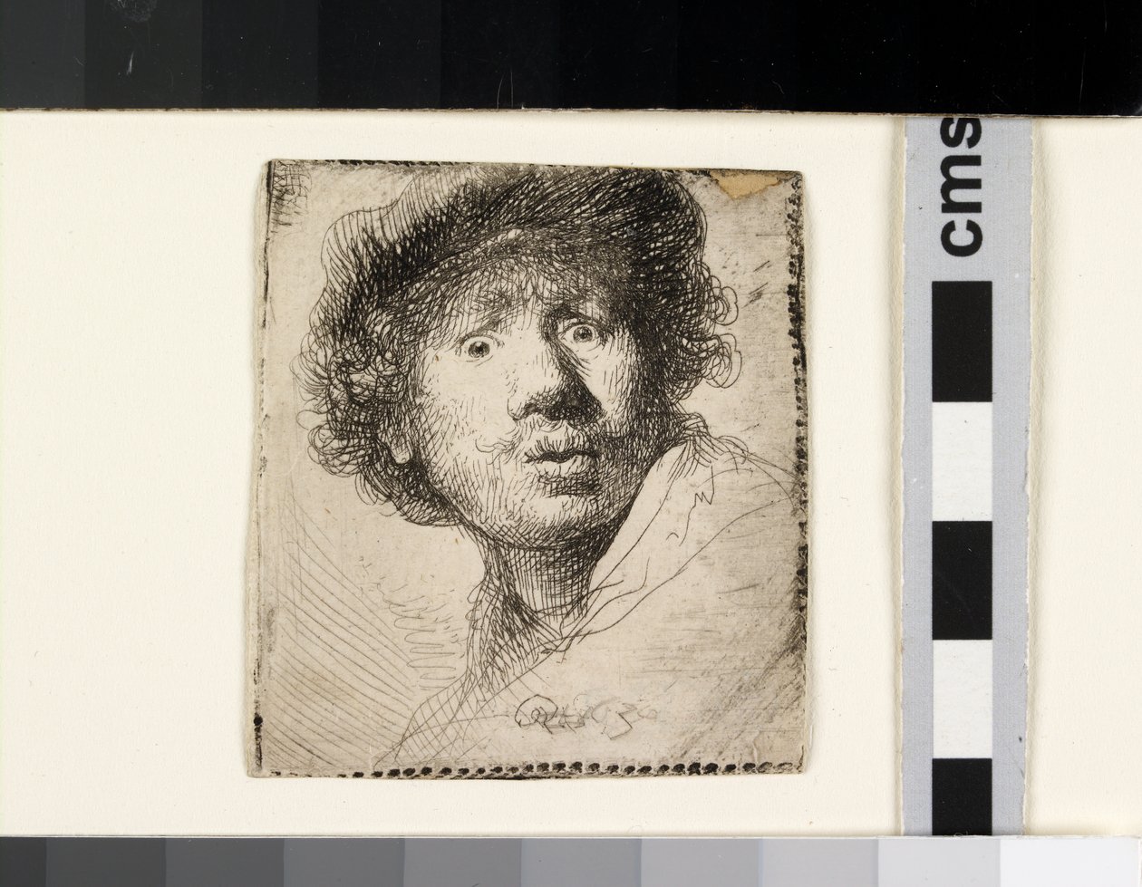 Selvportrett i caps, åpen munn av Rembrandt van Rijn