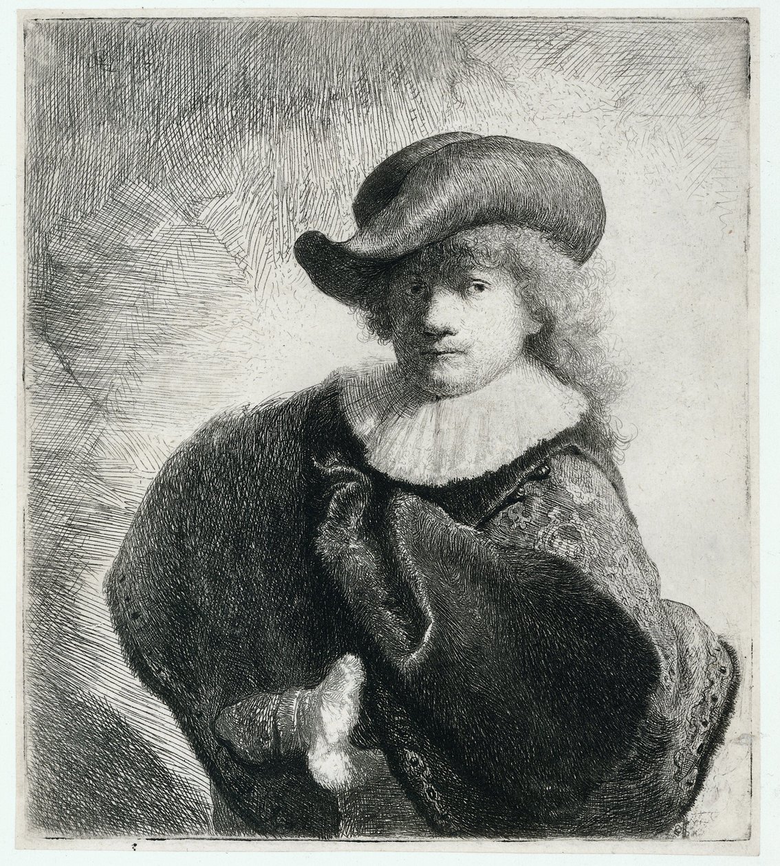 Selvportrett i myk hatt og mønstret kappe av Rembrandt Harmensz. van Rijn