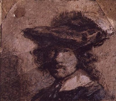 Selvportrett med plymer hatt og hvit krage av Rembrandt Harmensz. van Rijn