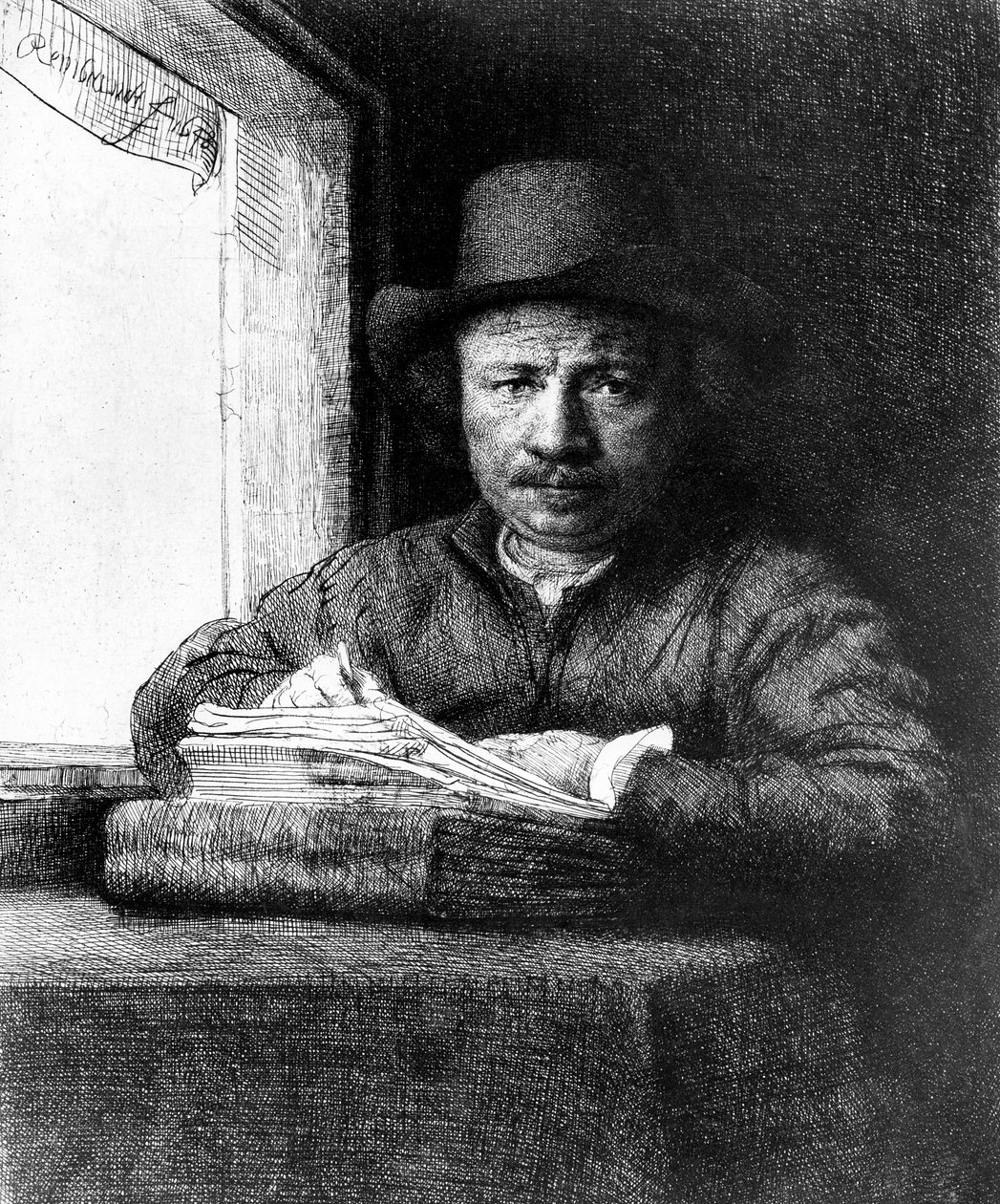 Selvportrett mens du tegner av Rembrandt van Rijn