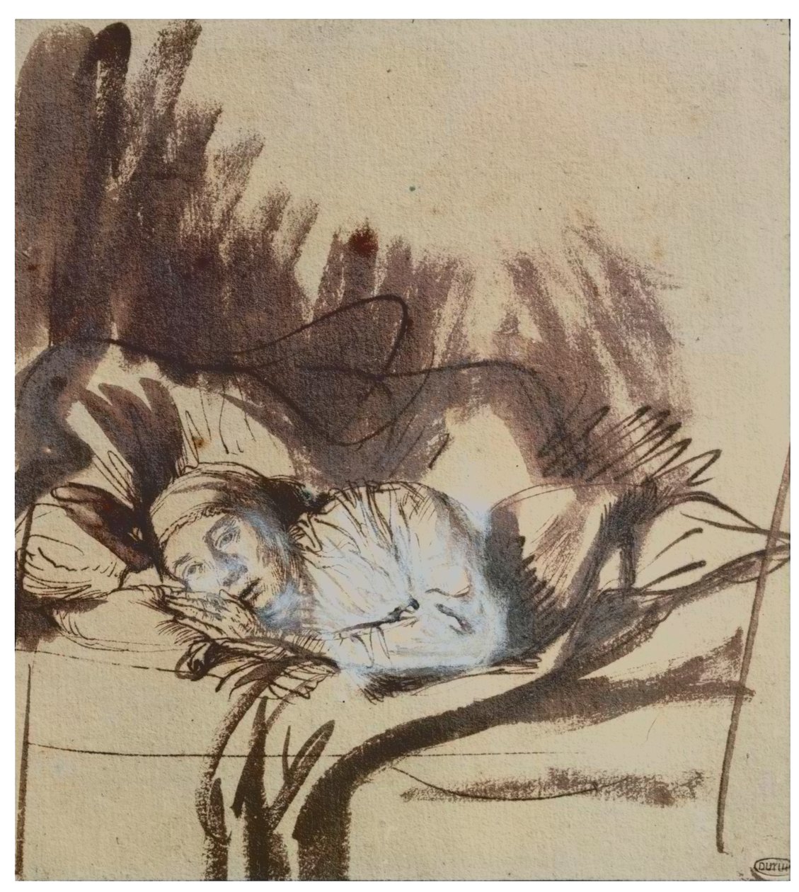 Syk kvinne i en seng, kanskje Saskia, kona til maleren av Rembrandt Harmensz. van Rijn