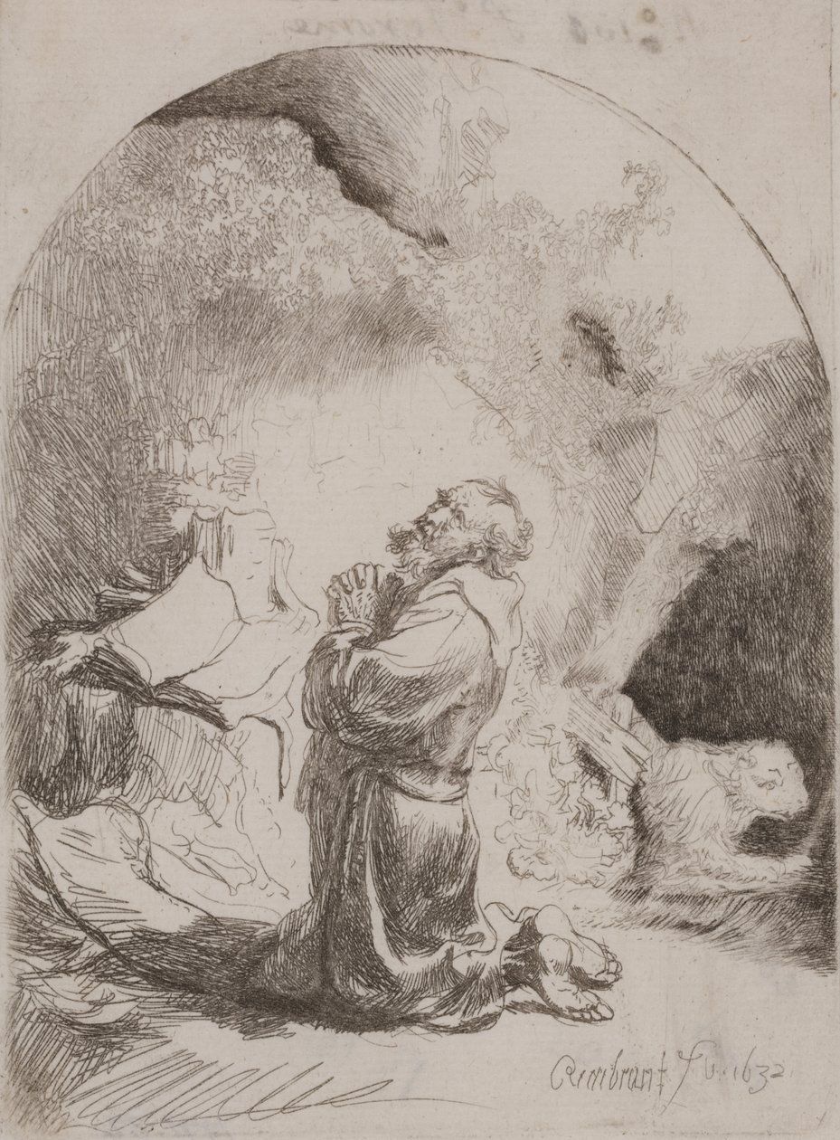 St. Hieronymus ber: buet trykk av Rembrandt van Rijn