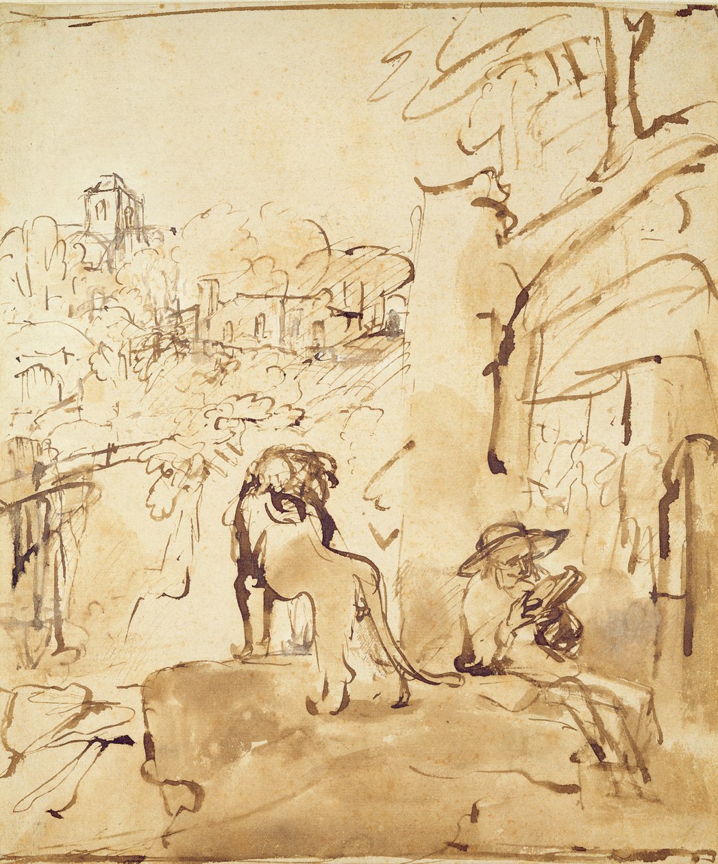 St. Hieronymus leser i et landskap (penn og vask på papir) av Rembrandt van Rijn