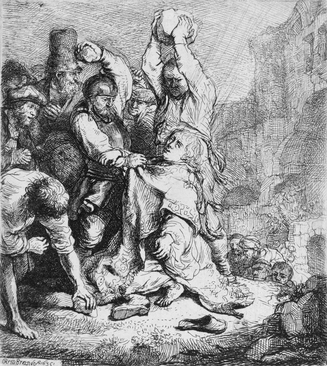 Steining av St. Stephen (penn og blekk på papir) av Rembrandt van Rijn
