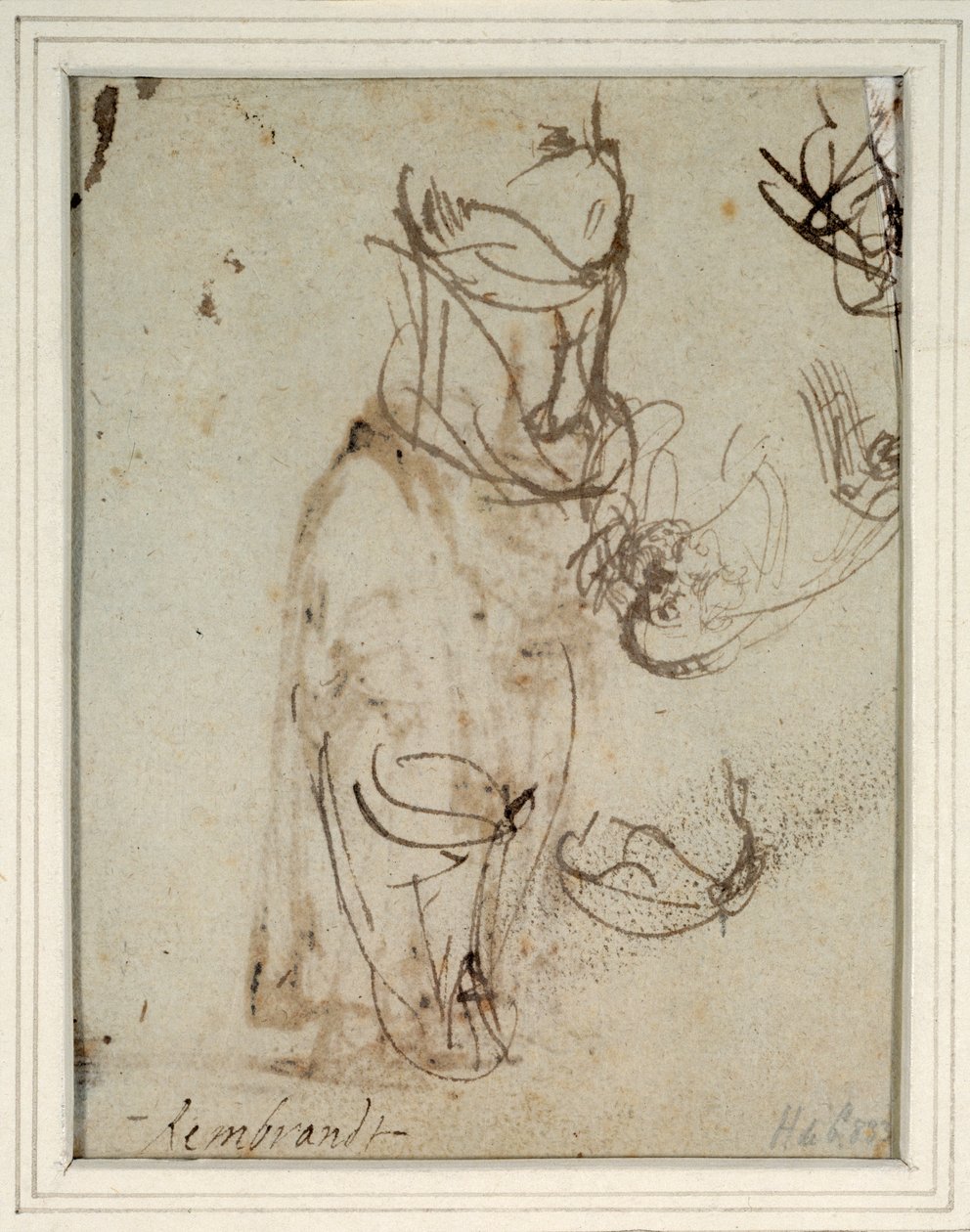 Studier av en høy hodeplagg; og av et hode snudd fra recto (penn og blekk på papir) (verso av 2636119) av Rembrandt Harmensz. van Rijn