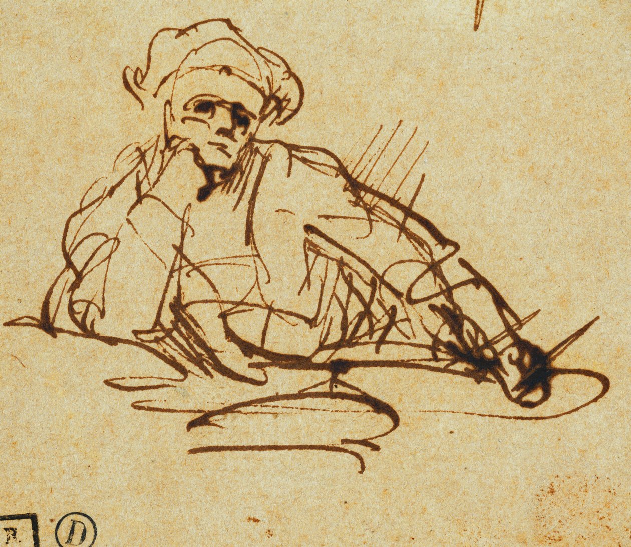 Studie av en forfatter, sittende, tenkepause, av Rembrandt van Rijn