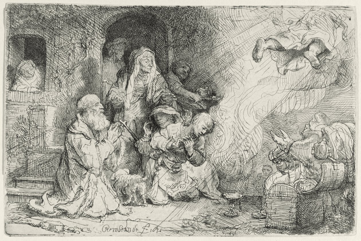 Engelen som forlater familien til Tobias (penn og blekk på papir) av Rembrandt van Rijn