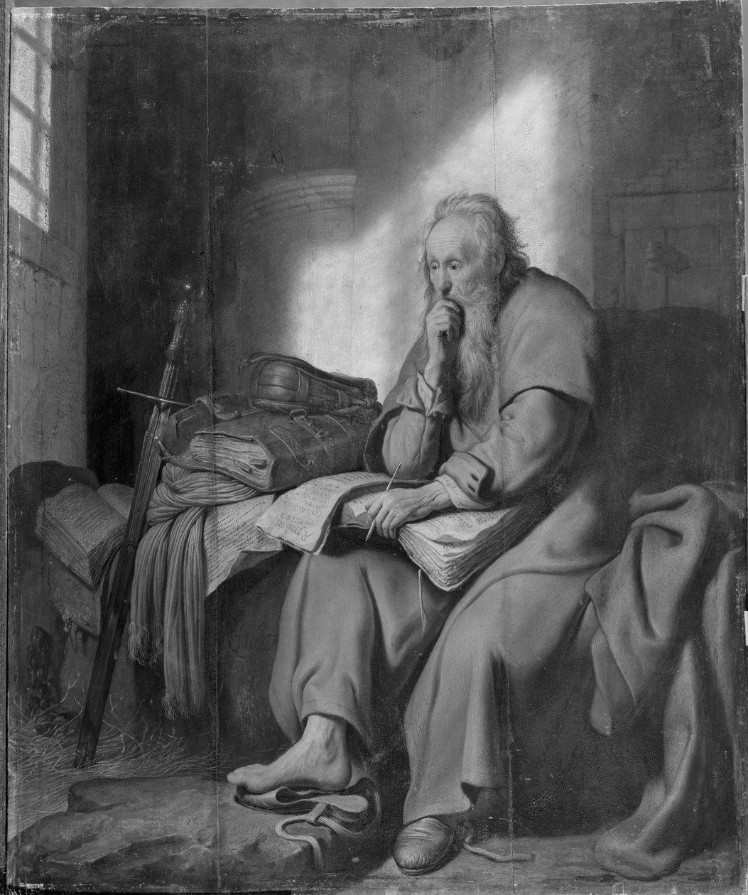 Apostelen Paulus i fengsel (olje på lerret) (s/hvitt-bilde) av Rembrandt van Rijn