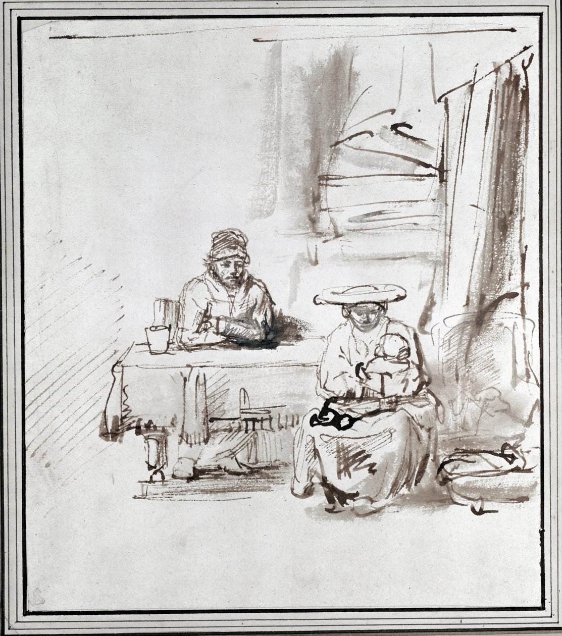 Den hellige familie. Penn- og blekktegning (tegning) av Rembrandt Harmensz. van Rijn