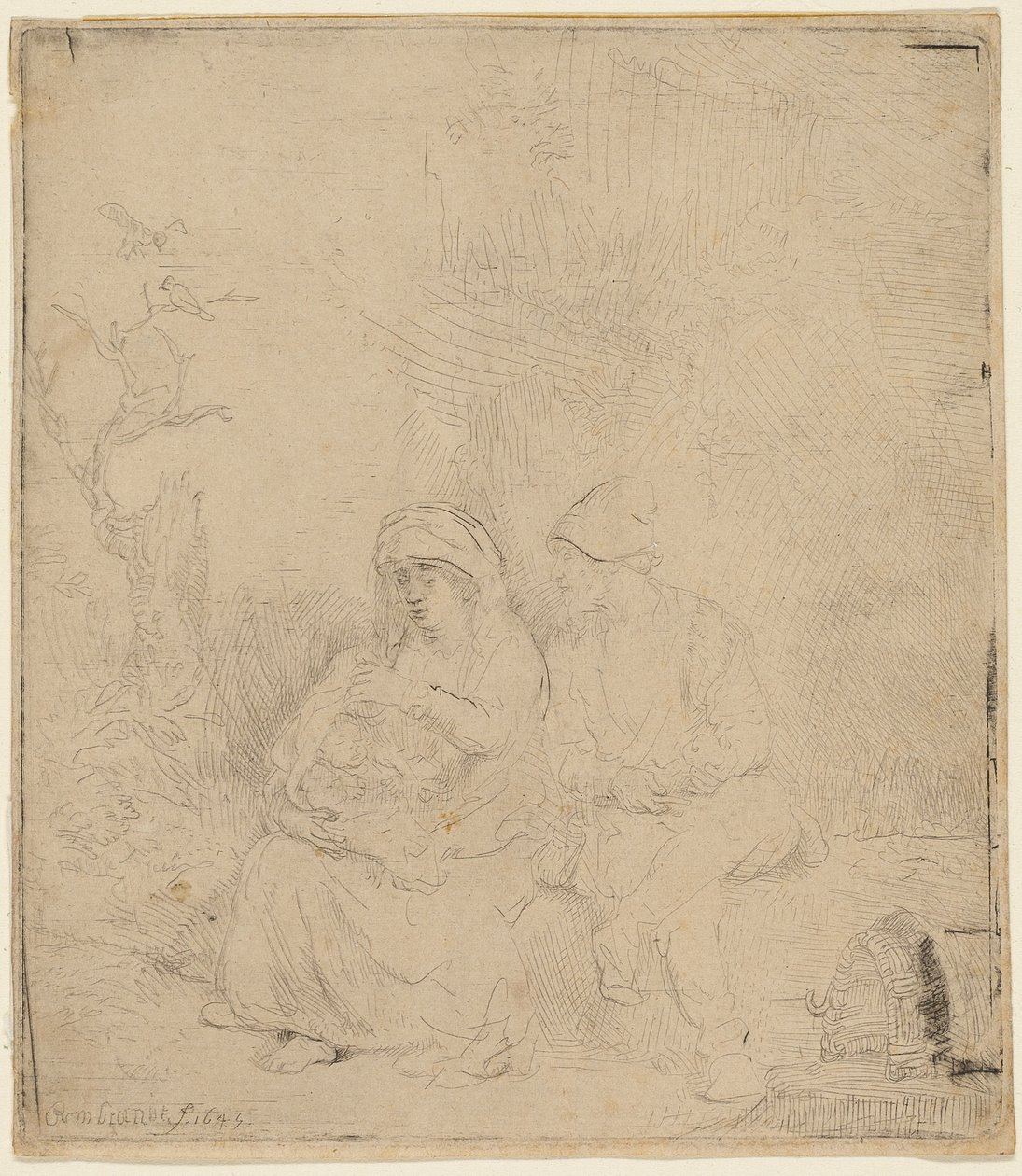 Resten på flukten til Egypt: Lett etset av Rembrandt Harmensz. van Rijn
