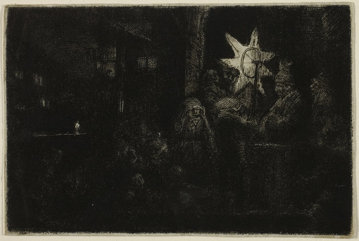 The Star of the Kings: A Night Piece, ca. 1651 (etsing, tørrstift og gravering på elfenbensfarget papir) av Rembrandt Harmensz. van Rijn