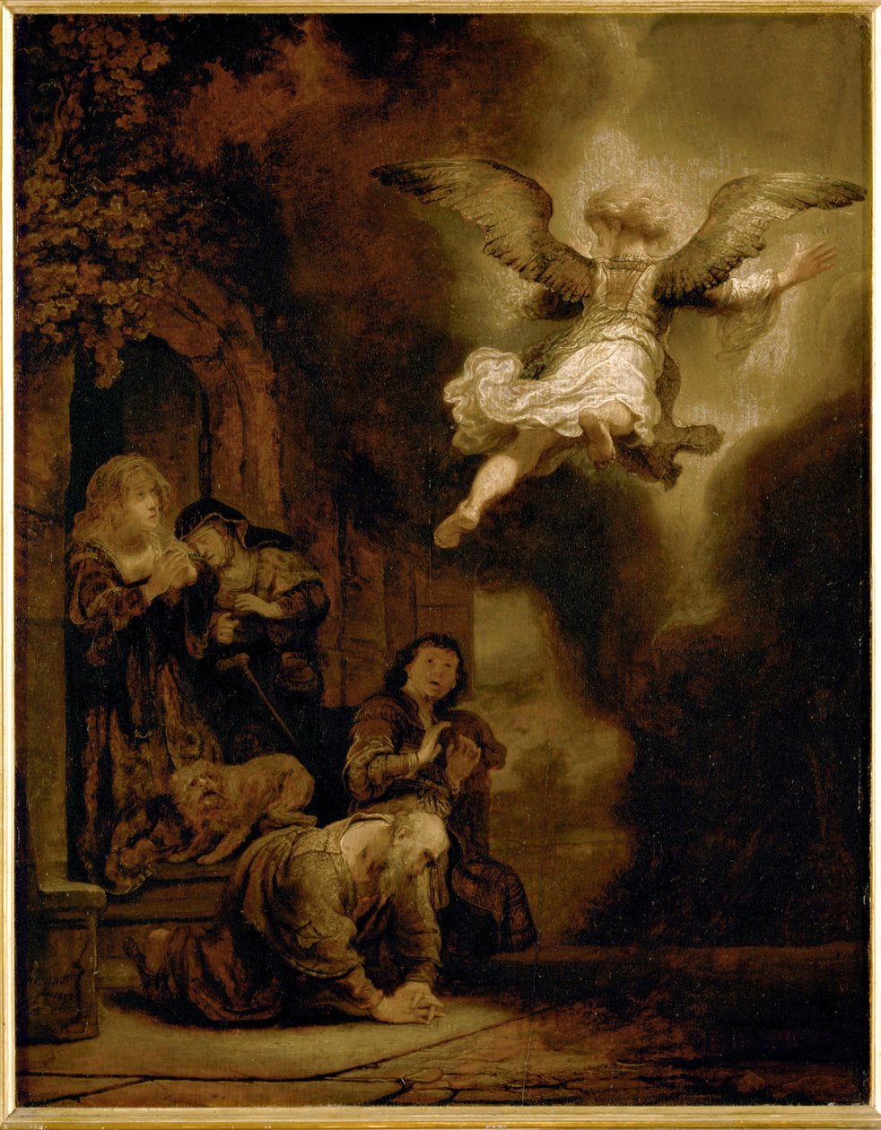 Erkeengelen Rafael forlater Tobits familie … av Rembrandt Harmensz. van Rijn