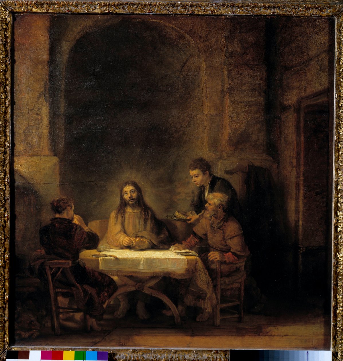 Emmaus Kristi pilegrimer viser seg for pilegrimene som sitter ved et bord i et vertshus i Emmaus. Maleri av Harmensz van Rijn dit Rembrandt (1606-1669) 1648 søn. 0,68x0,65 m - Pilegrimer ved Emmaus også kalt nattverden i Emmaus. Kristus viser seg for pileg av Rembrandt van Rijn
