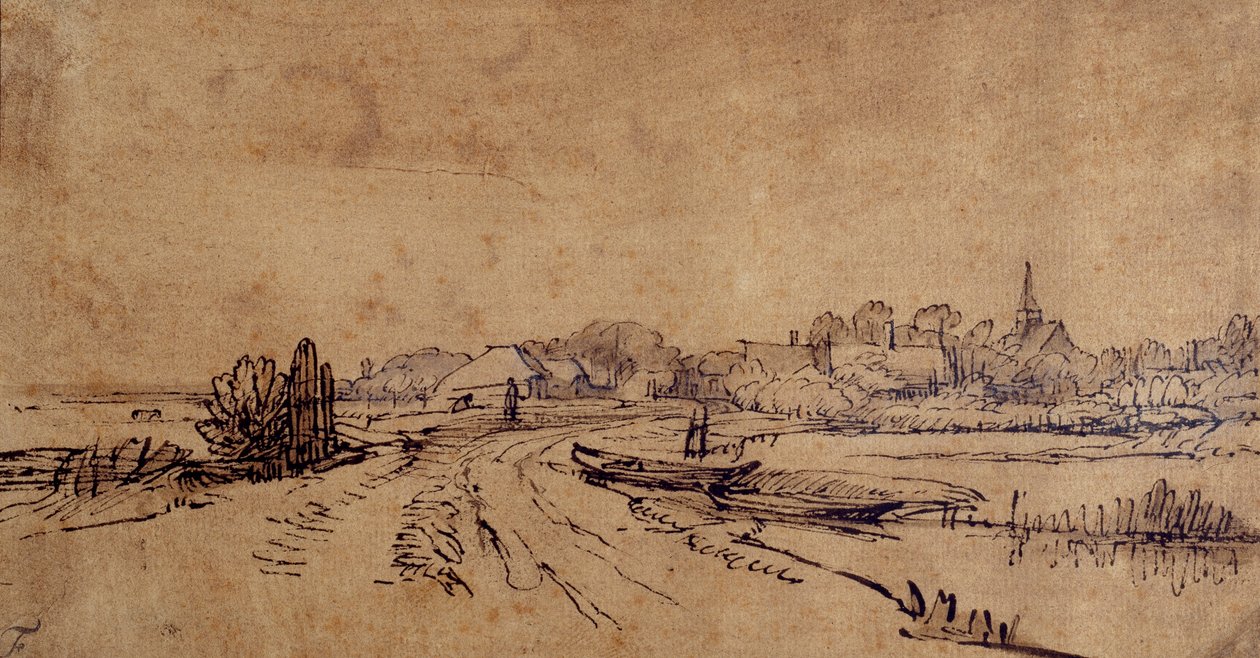 Utsikt over Sloten, ca. 1650 (penn og blekk med brun vask på papir) av Rembrandt Harmensz. van Rijn