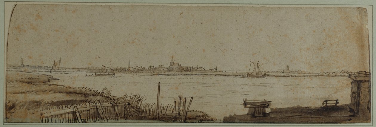 Utsikt over elven IJ fra Diemerdijk, ca. 1650 (penn og blekk med brun vask og hvit kroppsfarge på papir) av Rembrandt Harmensz. van Rijn