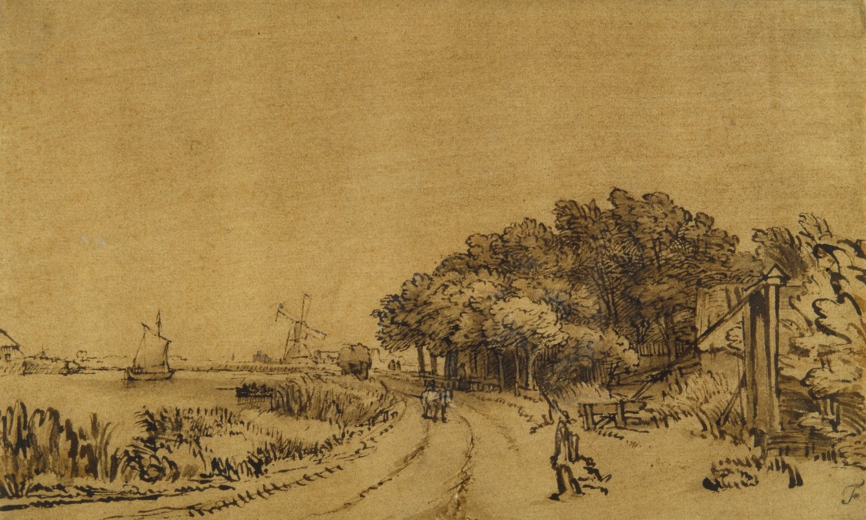 Utsikt over Amstel: veien på Amsteldijk som fører til Trompenburg, ca. 1649-50 (penn og blekk med brun vask og hvit kroppsfarge på papir) av Rembrandt Harmensz. van Rijn