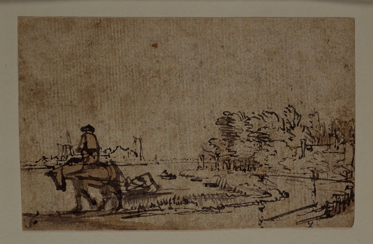 Utsikt på Amstel, med en hest som sleper en lekter, ca. 1650 (penn og blekk med brun vask på papir) av Rembrandt Harmensz. van Rijn