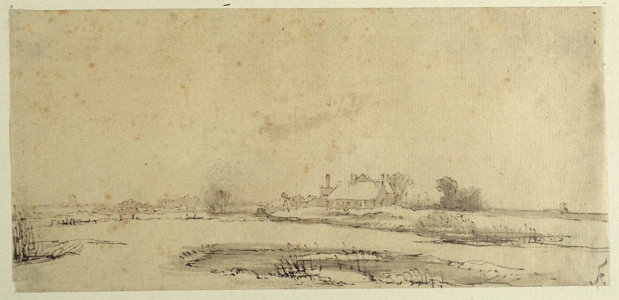 Vann, enger og en gård (penn og blekk på papir) av Rembrandt Harmensz. van Rijn