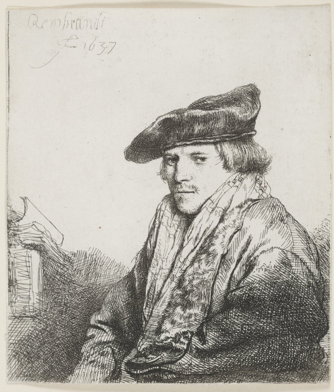 Ung mann i fløyelshette med bøker ved siden av seg av Rembrandt van Rijn