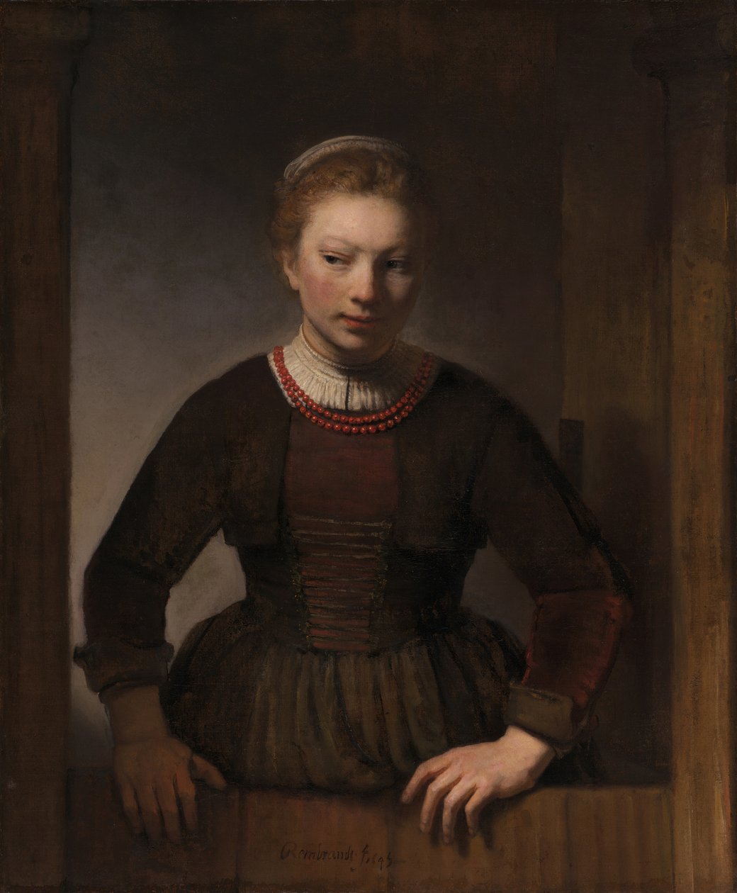 Ung kvinne ved en åpen halvdør, 1645 av Rembrandt Harmensz van Rijn