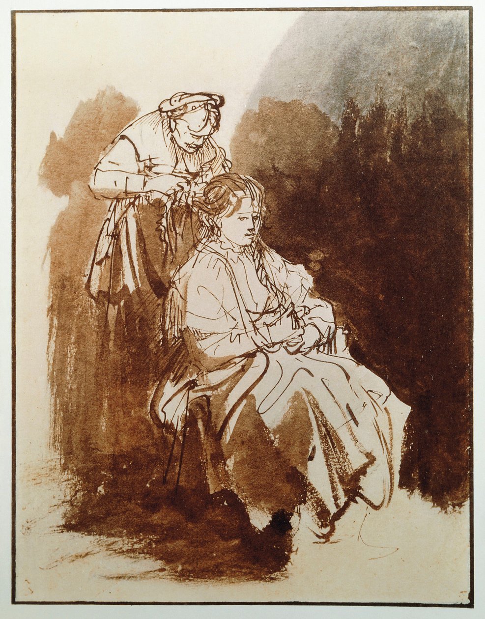 Ung kvinne på toalettet hennes. En gammel hushjelps hår. (Blekktegning, ca. 1635) av Rembrandt van Rijn