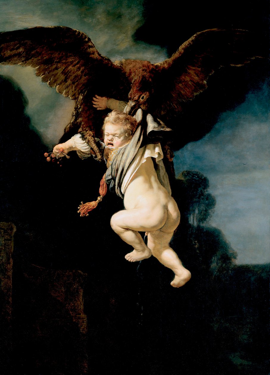 ""bortføringen av Ganymede"" (Bortføringen av Ganymede) Mens han beiter flokken sin på fjellet Ida i Troas, forvandler Zevs seg til en ørn, kidnapper ham for å gjøre ham til sin elsker, og gudenes munnbringer Maleri av Rembrandt van Rhijn (1606-1669) 16 av Rembrandt van Rijn