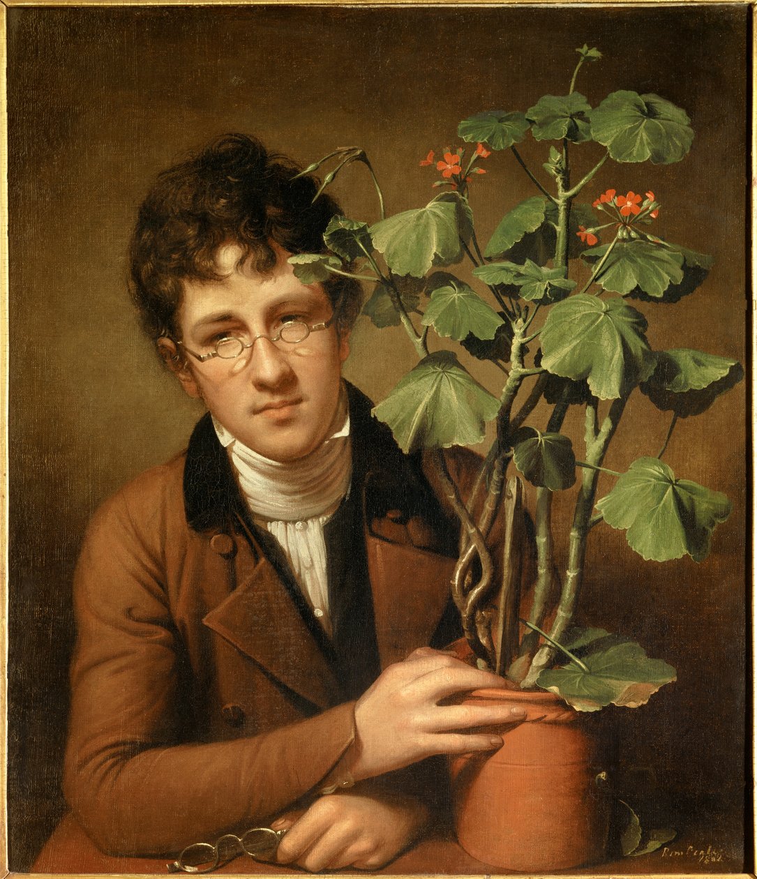 Portrett av maleren Rubens Peale (1784-1864) ved geranien Maleri av Rembrandt Peale (1778-1860) (ec.amer.) 1801 Collection privee - Portrett av maleren Rubens Peale (1784-1864) med en geranium - Maleri av Rembrandt Peale (1778-1860), olje på av Rembrandt Peale