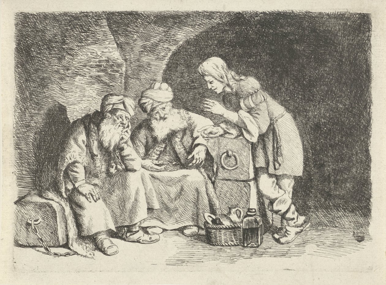 Joseph forklarer drømmene til bakeren og munnkaret av Rembrandt van Rijn (follower of)