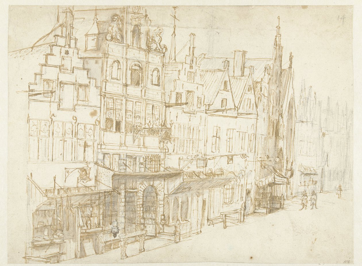 Utsikt over en rad med hus i en by av Rembrandt van Rijn (school of)
