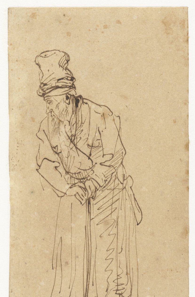 Gammel mann lener seg på en pinne av Rembrandt van Rijn (school of)