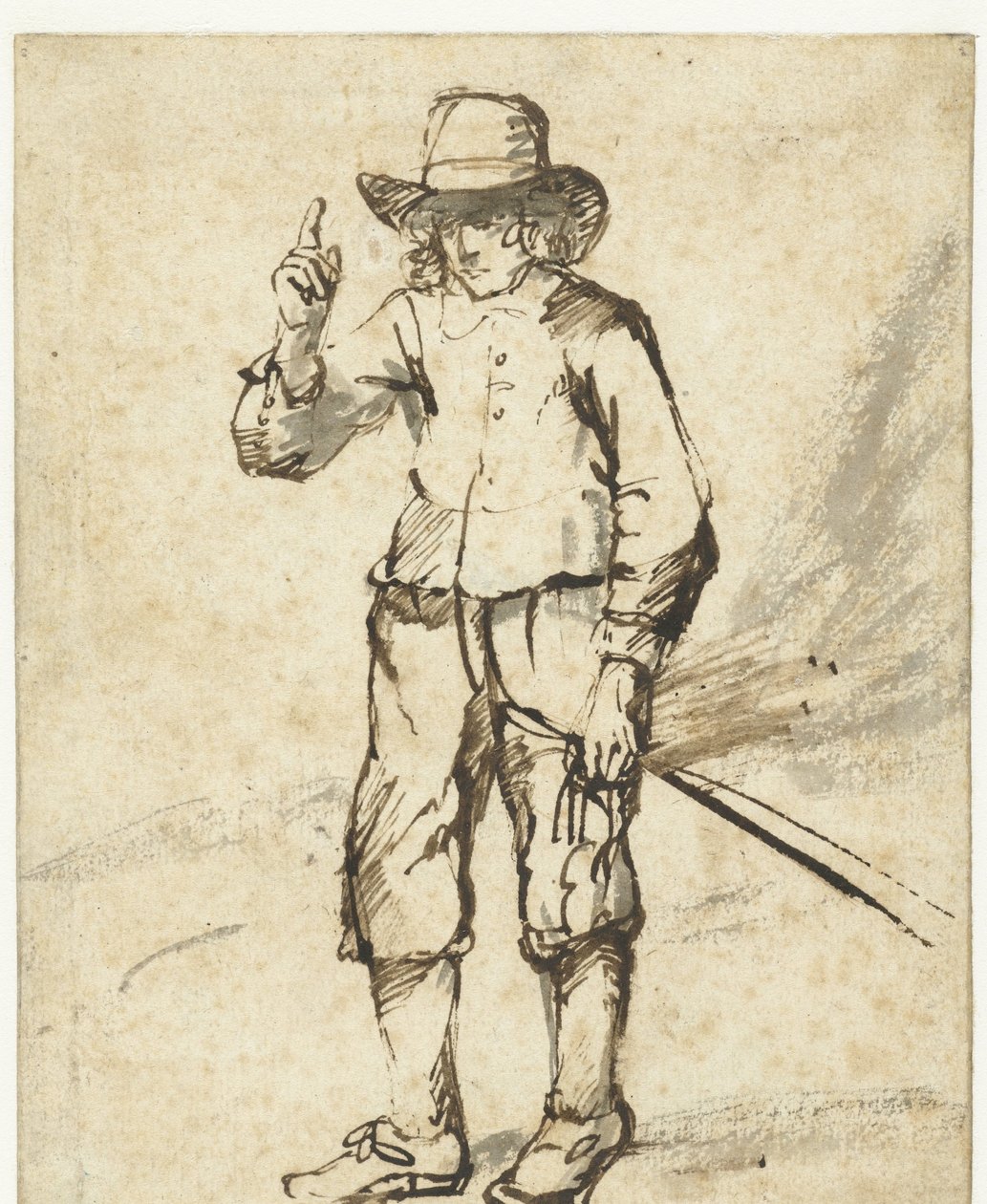 Stående gutt som holder en pisk og løfter høyre hånd av Rembrandt van Rijn (school of)
