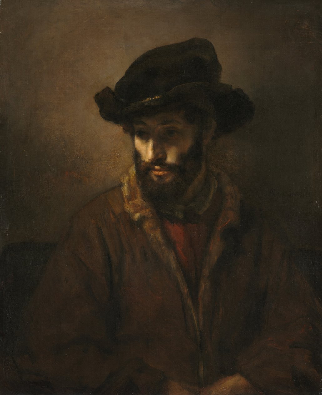 En skjeggete mann med hatt av Rembrandt van Rijn