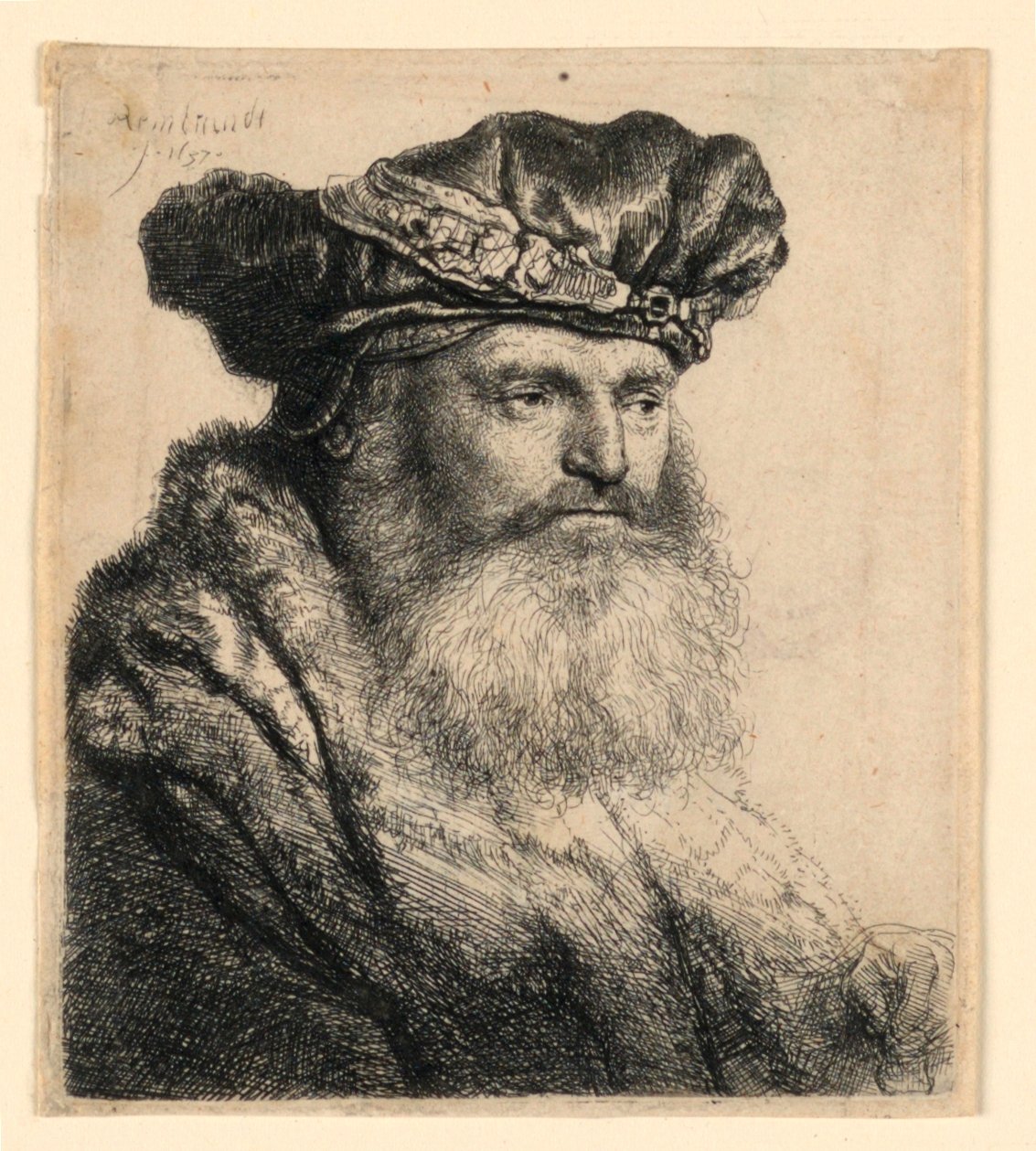 En skjeggete mann iført en fløyelshette med en juvellås av Rembrandt van Rijn