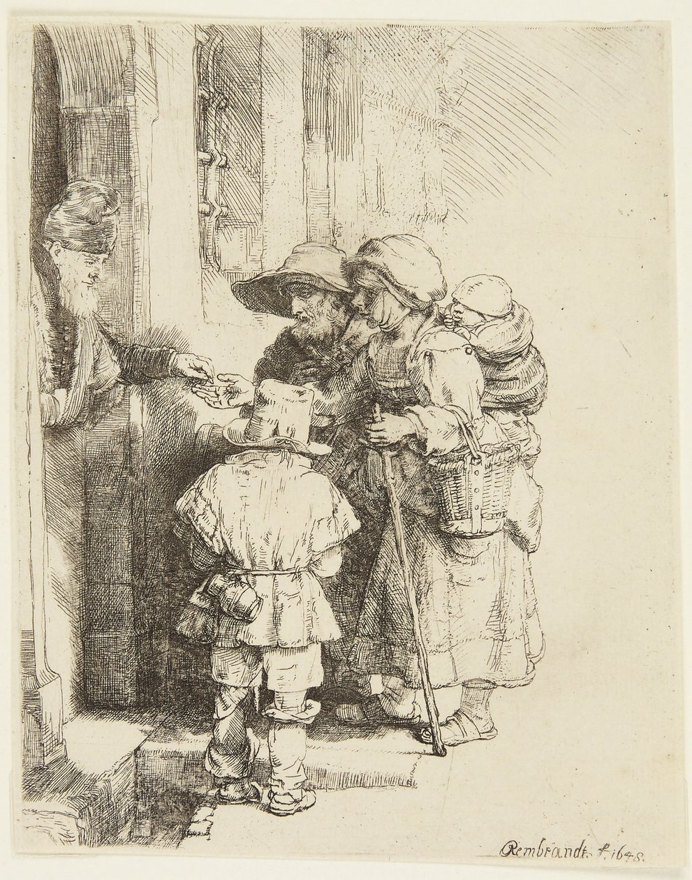 En blind hurdy-gurdy-spiller og familien hans mottar almisser av Rembrandt van Rijn