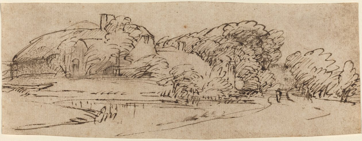 Et landskap med gårdsbygninger blant trær av Rembrandt van Rijn