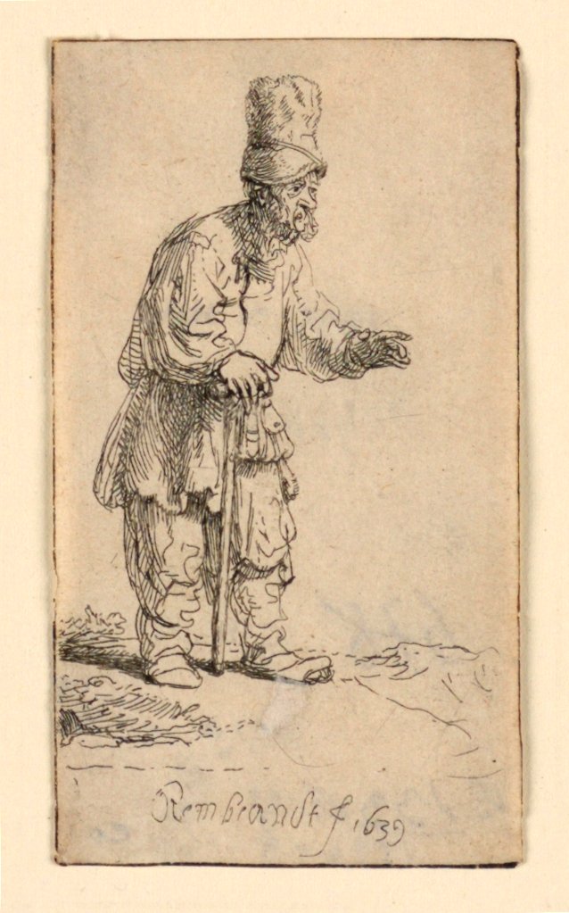 En bonde med høy lue, stående lent på en pinne av Rembrandt van Rijn