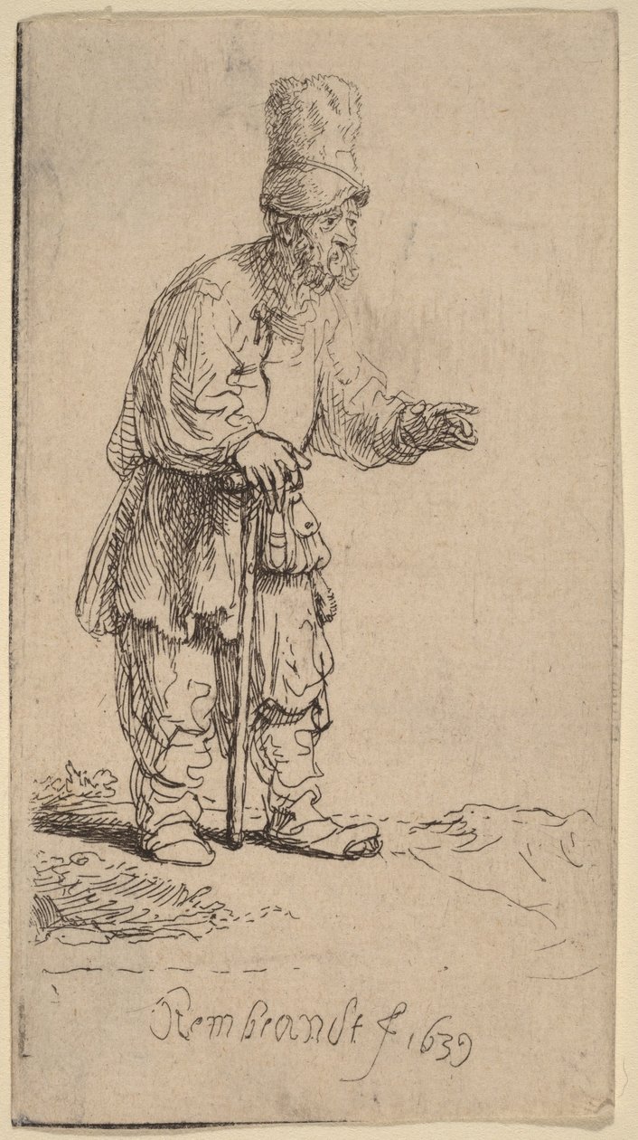 En bonde med høy lue, som står og lener seg på en stokk av Rembrandt van Rijn