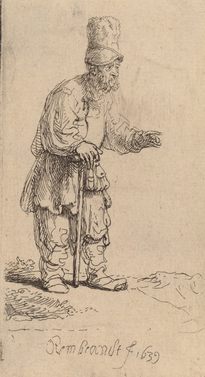 En bonde med høy lue, stående lent på en pinne, 1639. av Rembrandt van Rijn