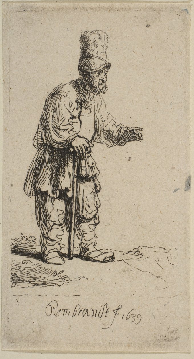 En bonde med høy lue, stående lent på en pinne, 1639. av Rembrandt van Rijn