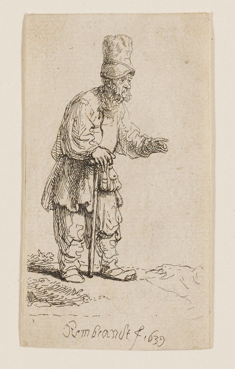 En bonde med høy lue, stående og lent mot en stokk av Rembrandt van Rijn