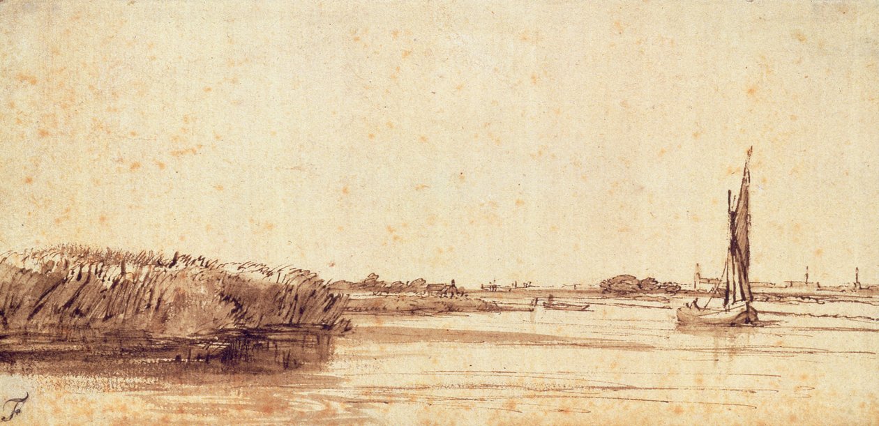 En elv med en seilbåt på Nieuwe Meer av Rembrandt van Rijn