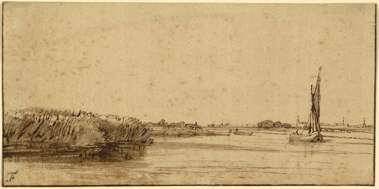 A Sailing Boat on a Wide Expanse of Water, ca. 1650 (penn og brunt blekk og brun vask, på tonet papir) av Rembrandt van Rijn