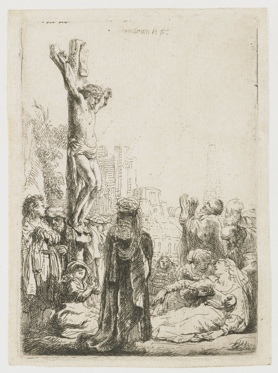 En blind hurdy-gurdy-spiller og familien hans mottar almisser av Rembrandt van Rijn