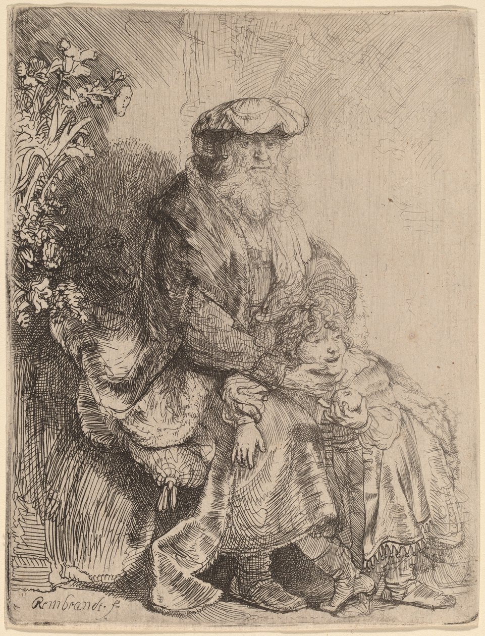 Abraham kjærtegner Isak av Rembrandt van Rijn