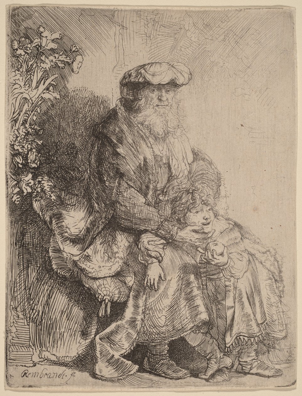 Abraham kjærtegner Isak av Rembrandt van Rijn