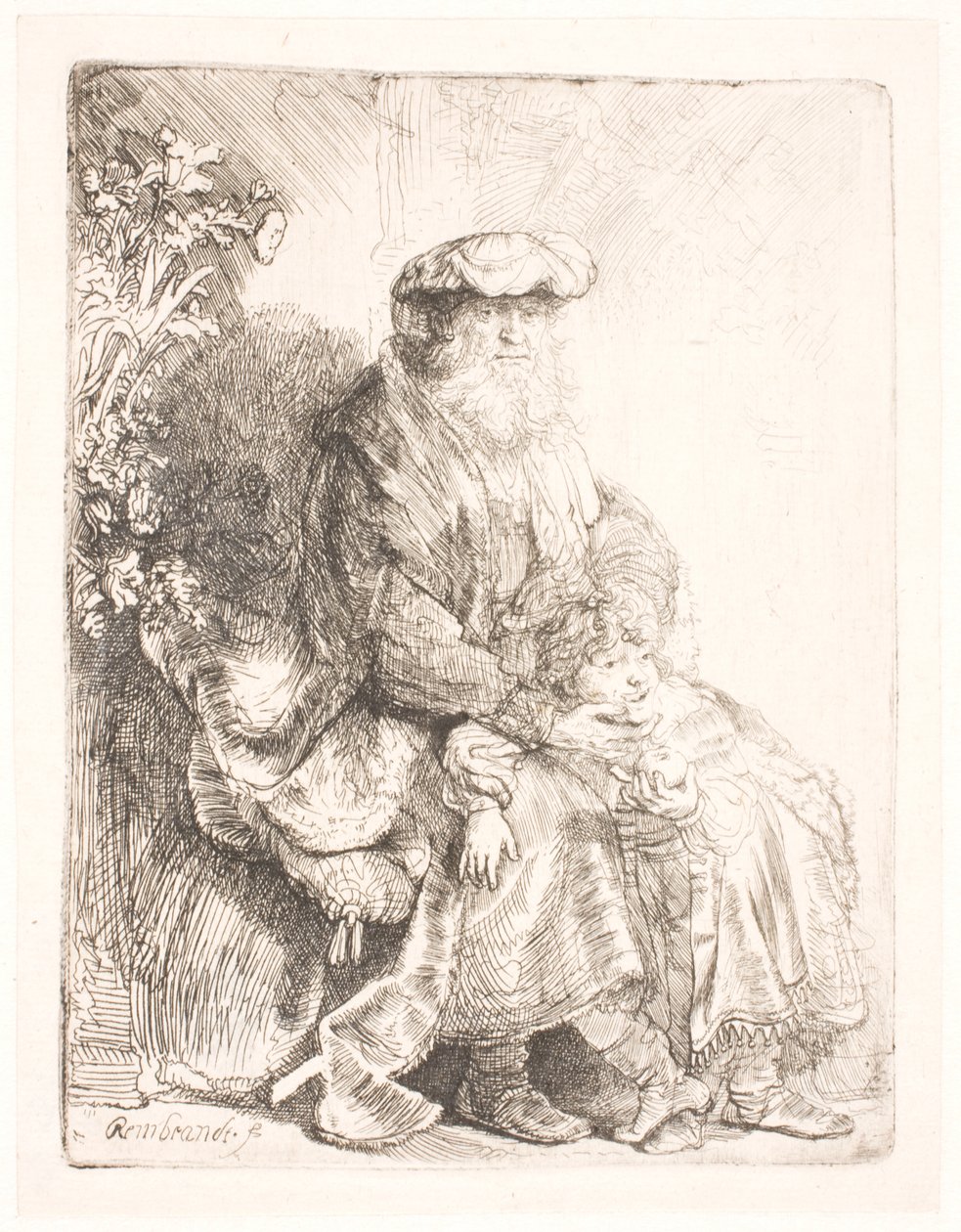 Abraham kjærtegner Isak av Rembrandt van Rijn
