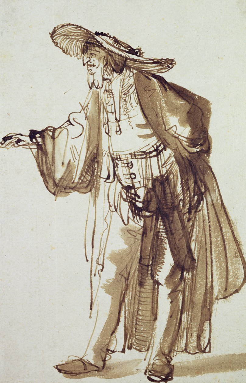 Skuespiller med bredbremmet hatt (penn- og blekkvask på papir) av Rembrandt van Rijn